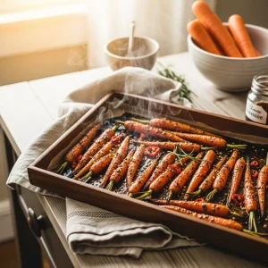 Spicy Maple Roast Carrots with Crispy Chickpeas