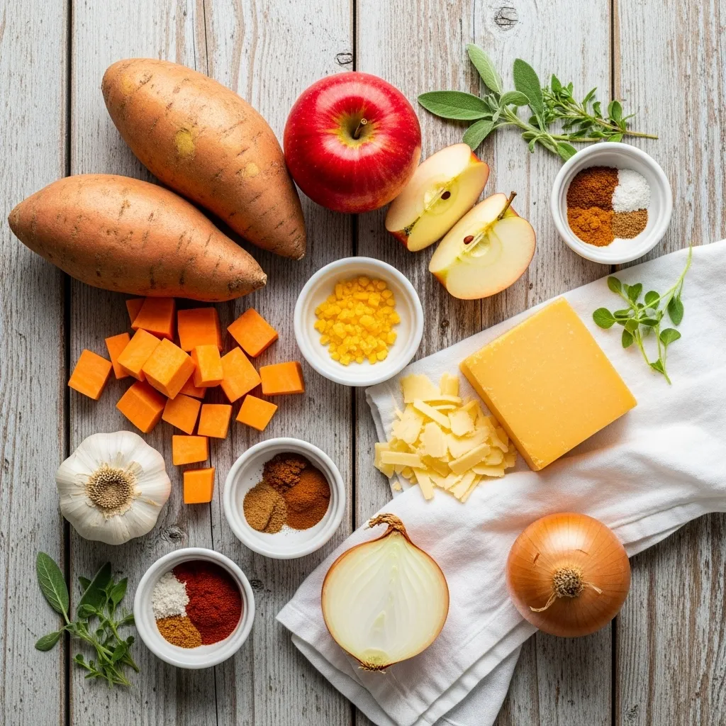 Ingredients for Apple Cheddar Sweet Potato Soup