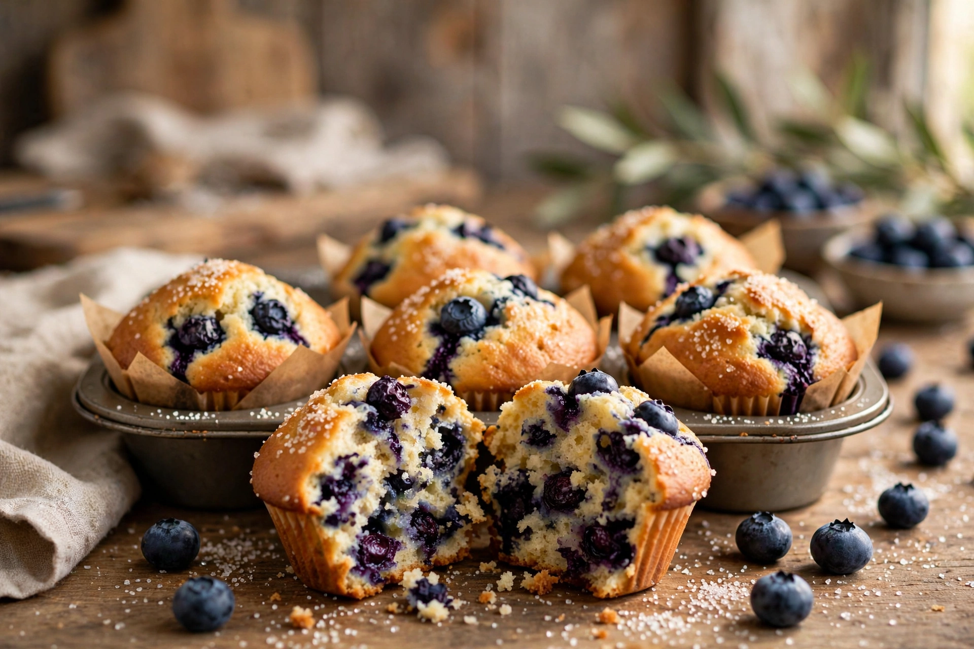 Bakery-style blueberry muffins with tall golden domes and juicy berries