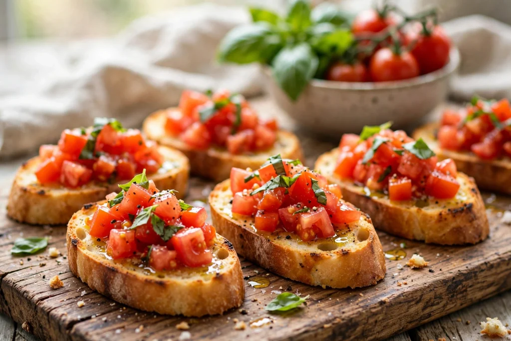 Classic tomato bruschetta with fresh basil on garlic-rubbed toasted bread