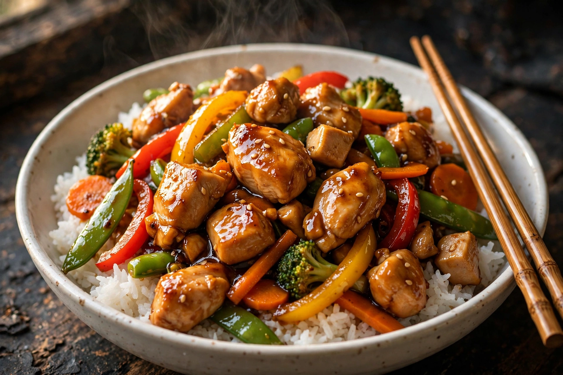 Easy chicken and vegetable stir fry in a skillet with glossy sauce