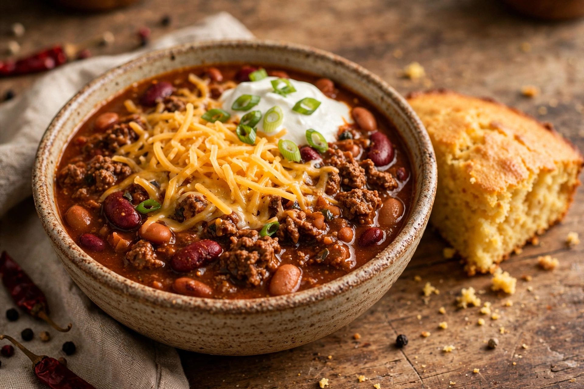 A hearty bowl of homemade beef chili with melted cheese