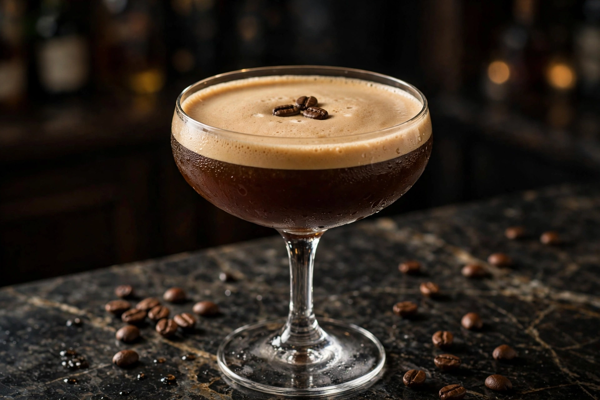 Espresso martini cocktail with frothy golden crema and three coffee beans in a coupe glass