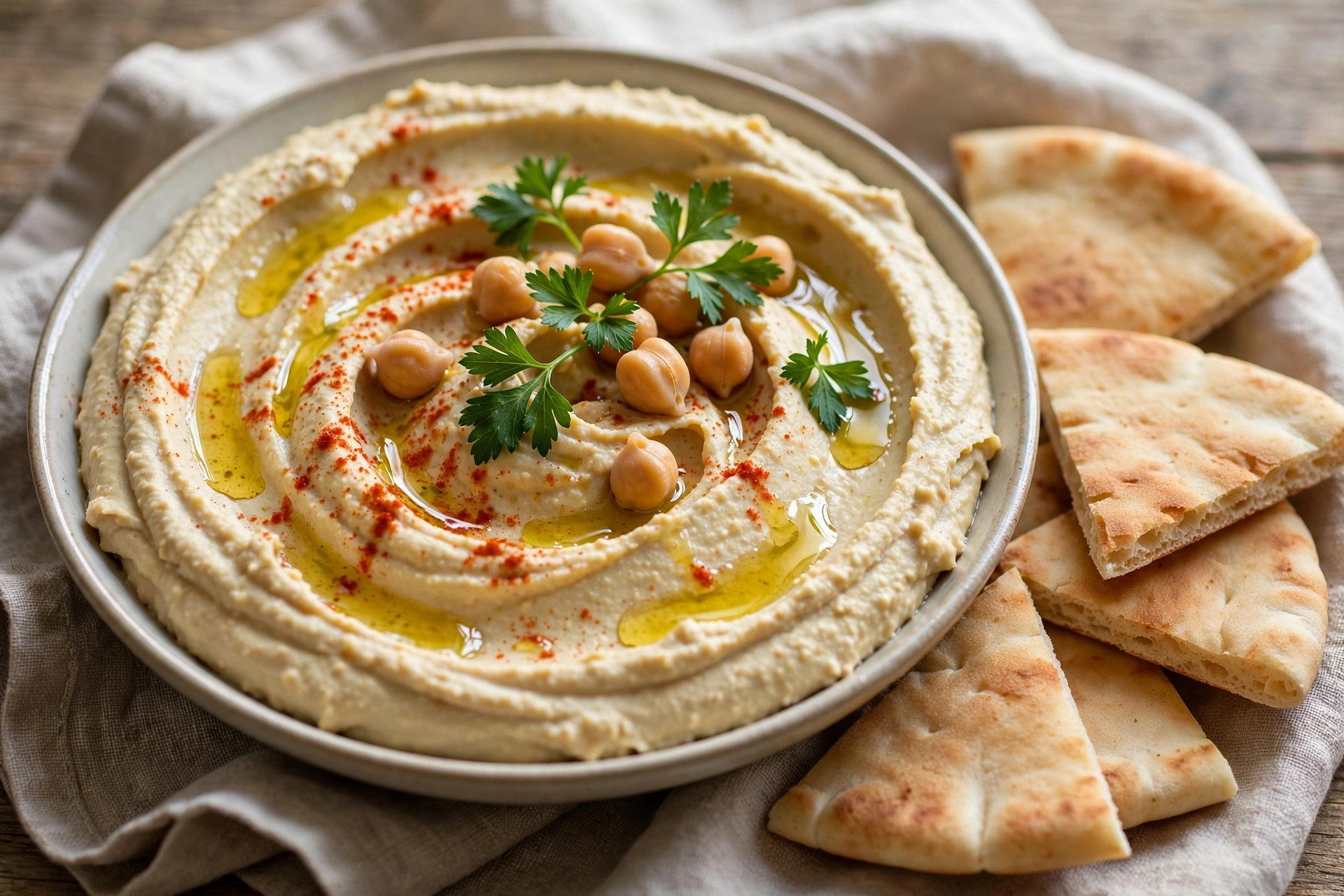 Ultra-creamy homemade hummus swirled in a bowl with olive oil, paprika, chickpeas and pita bread