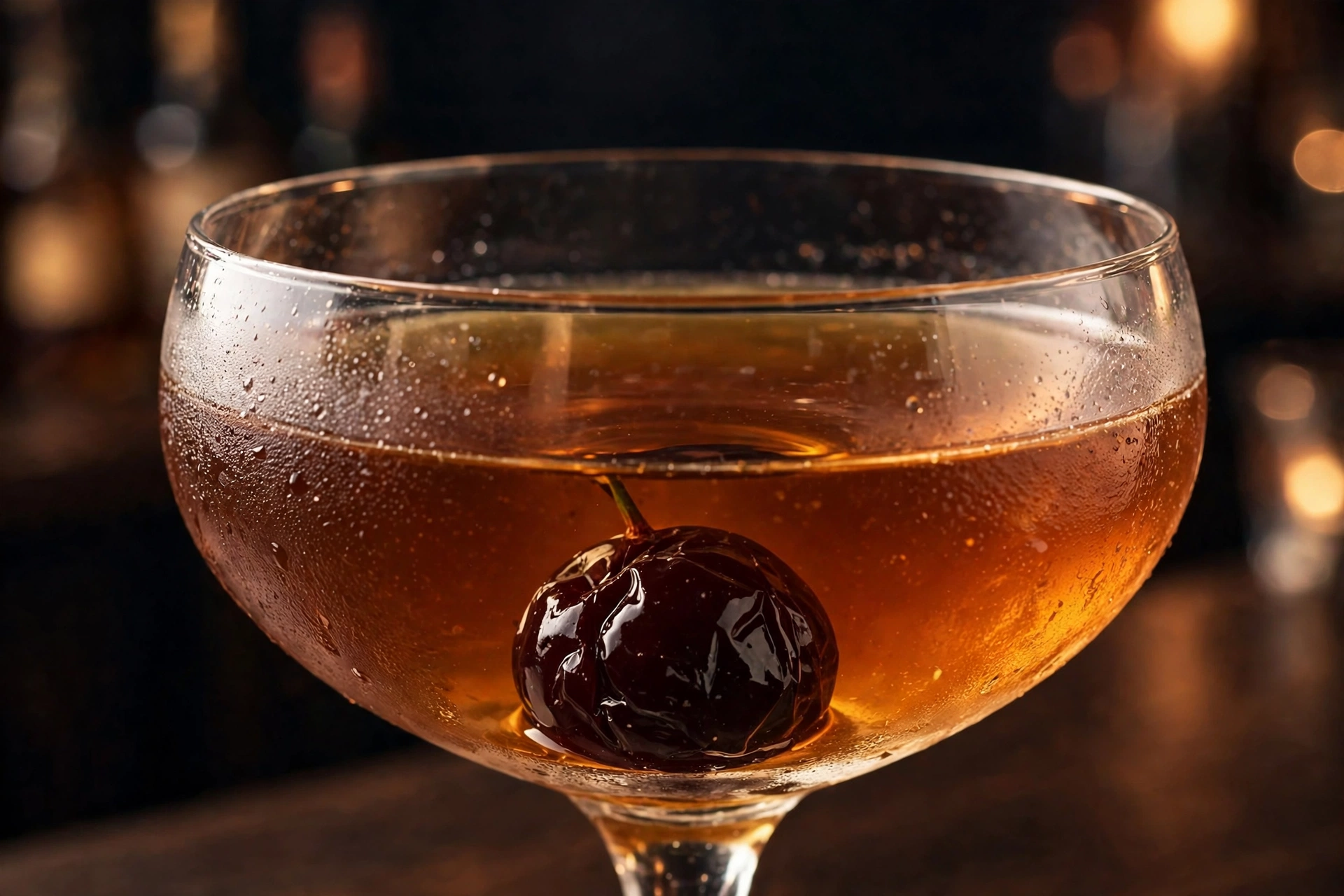 Classic Manhattan cocktail in a coupe glass garnished with a Luxardo cherry