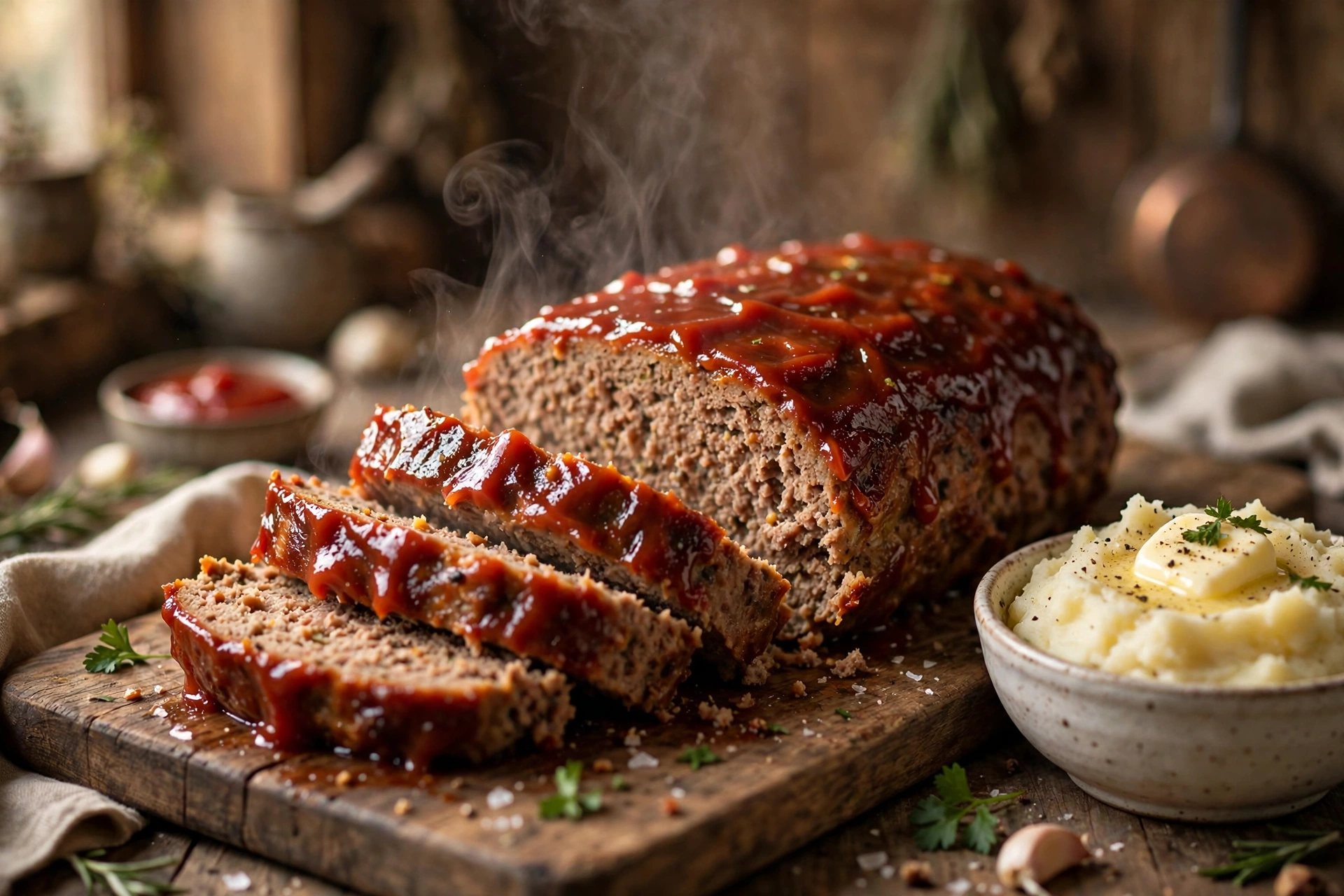 Classic glazed meatloaf sliced on a cutting board