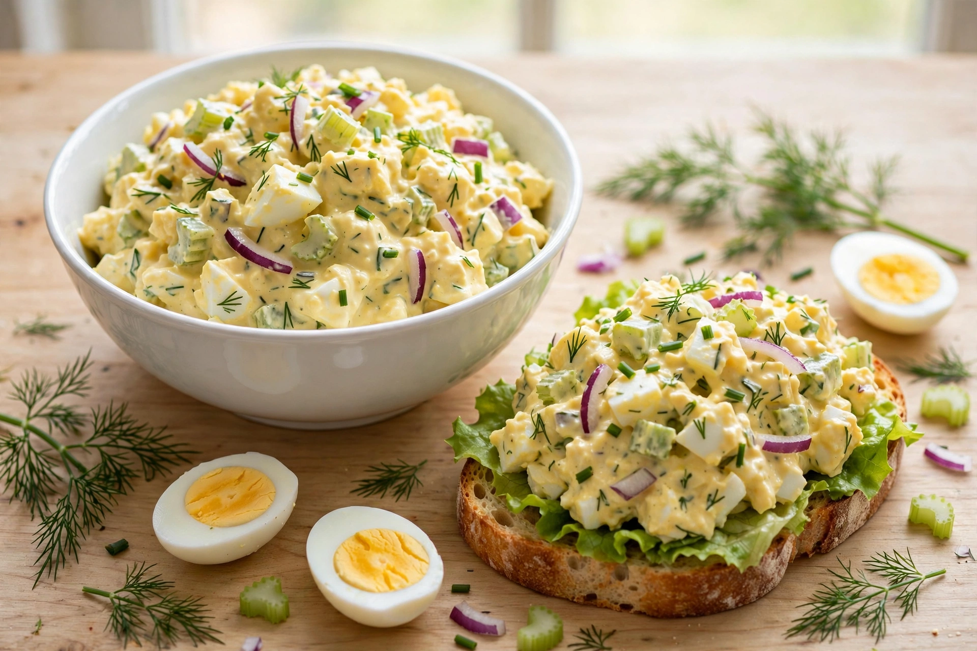 Creamy egg salad in a bowl with sandwich