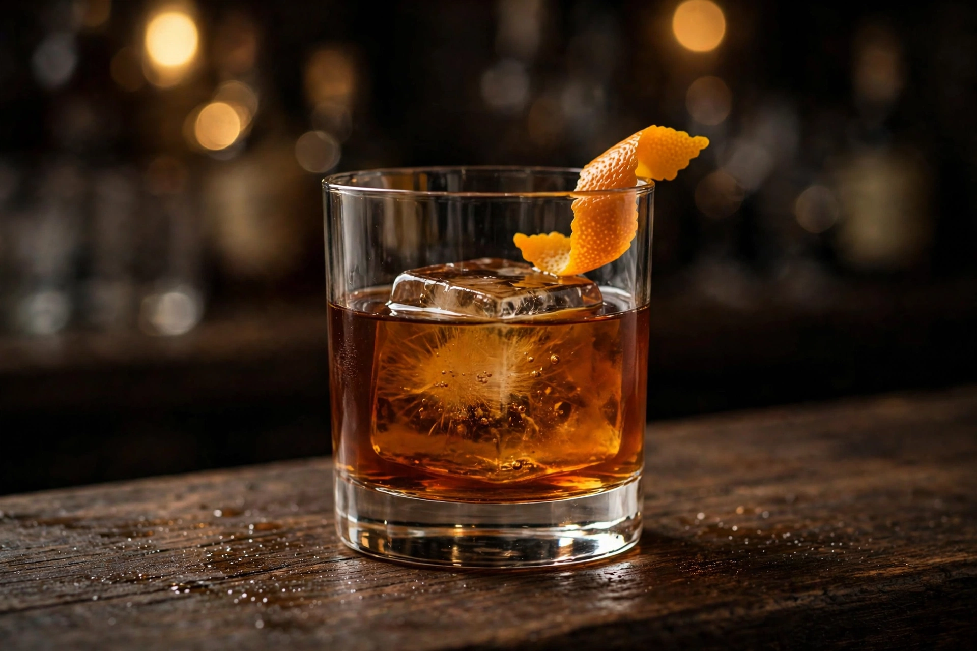 Classic old fashioned cocktail in a rocks glass with orange peel