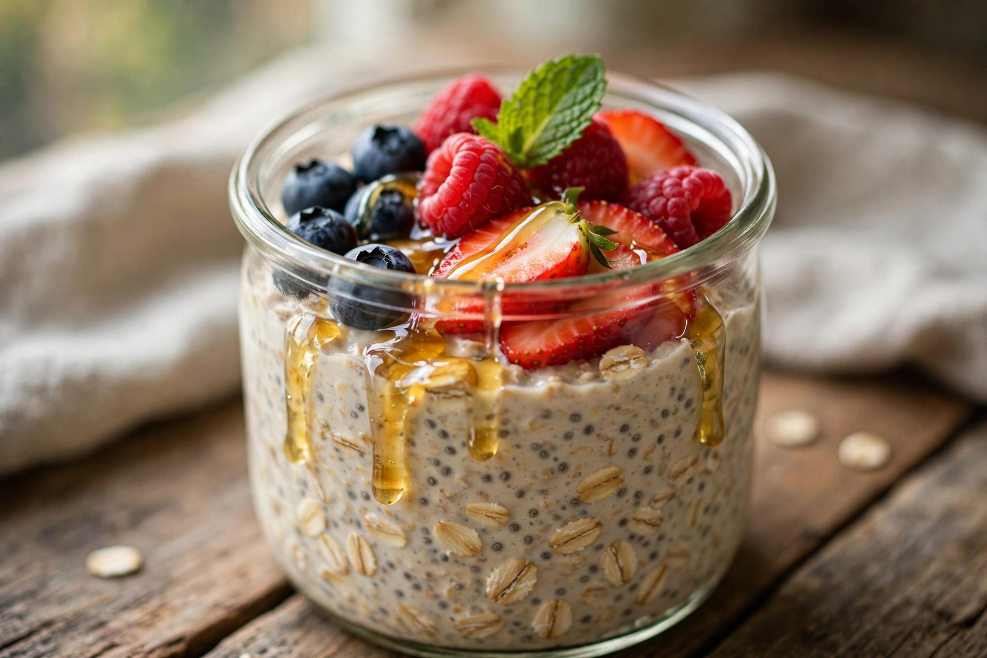 Overnight oats in a glass jar topped with fresh berries
