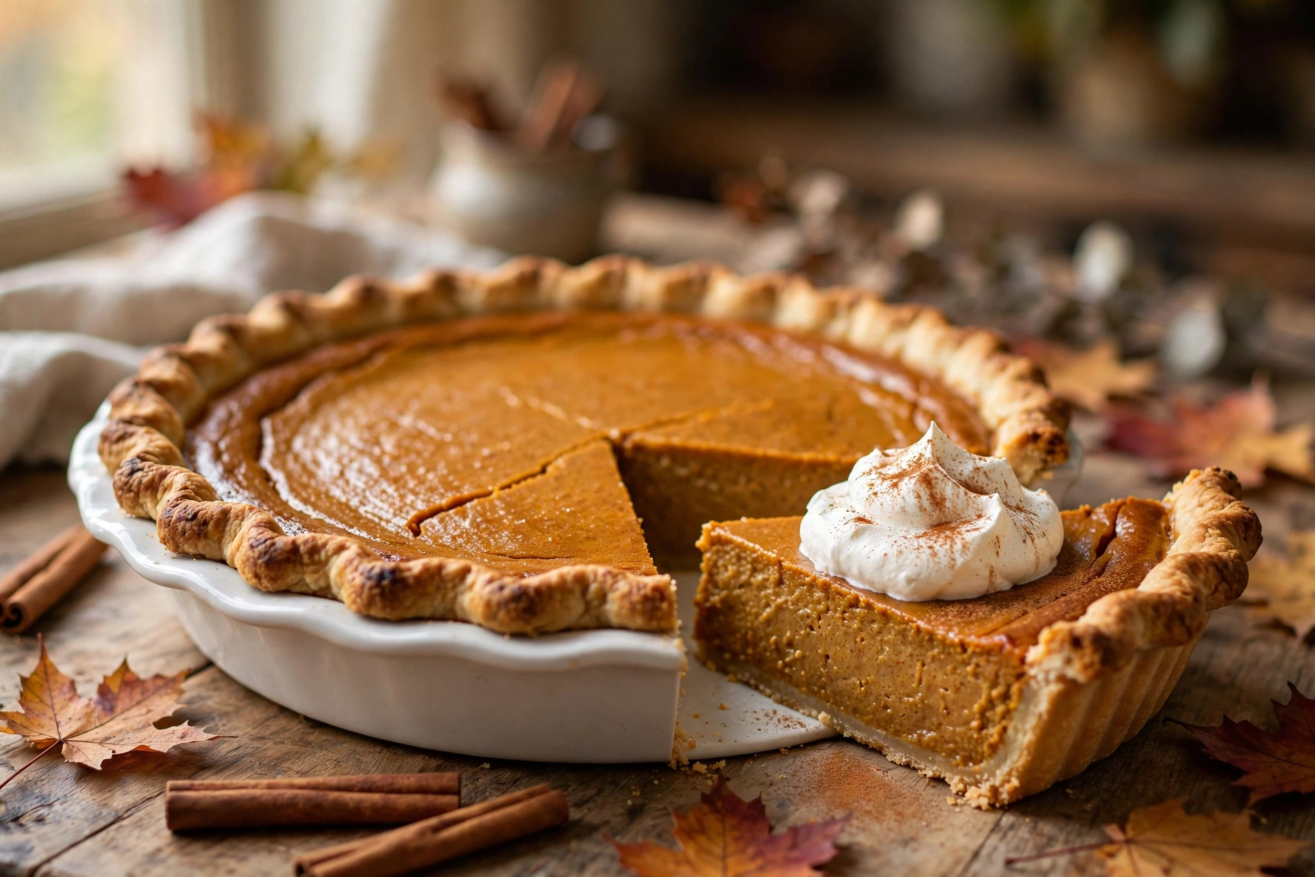 Classic pumpkin pie with whipped cream