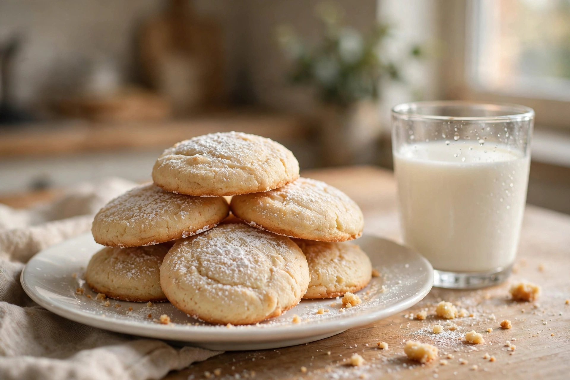 Stack of soft sugar cookies on a white plate