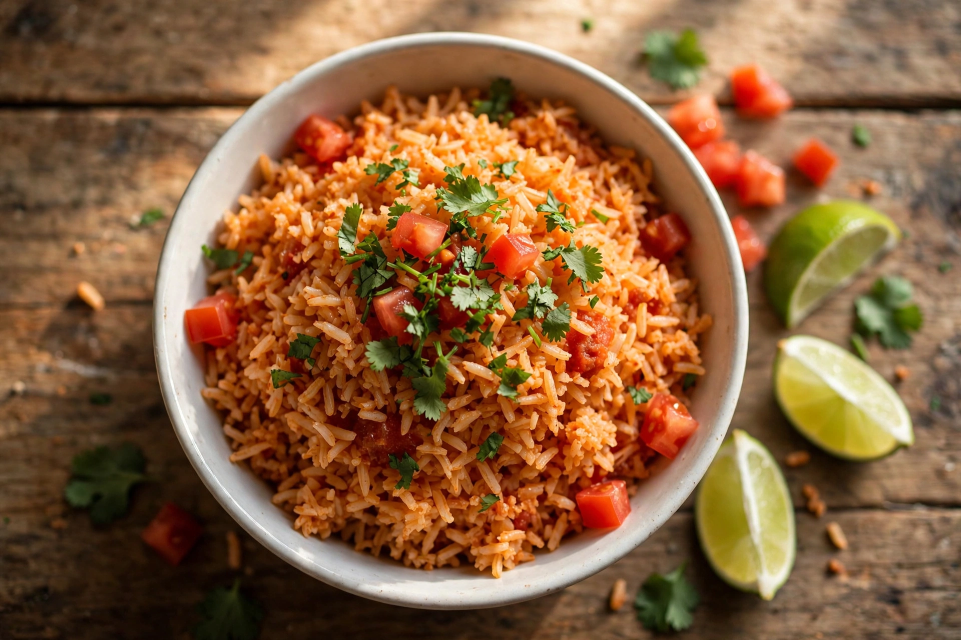 Bowl of fluffy Mexican rice garnished with cilantro, tomatoes and lime wedges