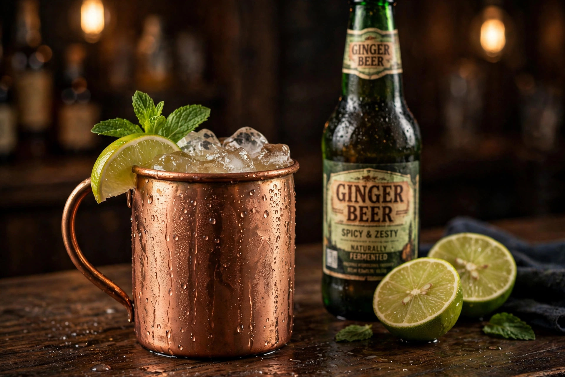 Classic Moscow Mule in a copper mug with lime and mint