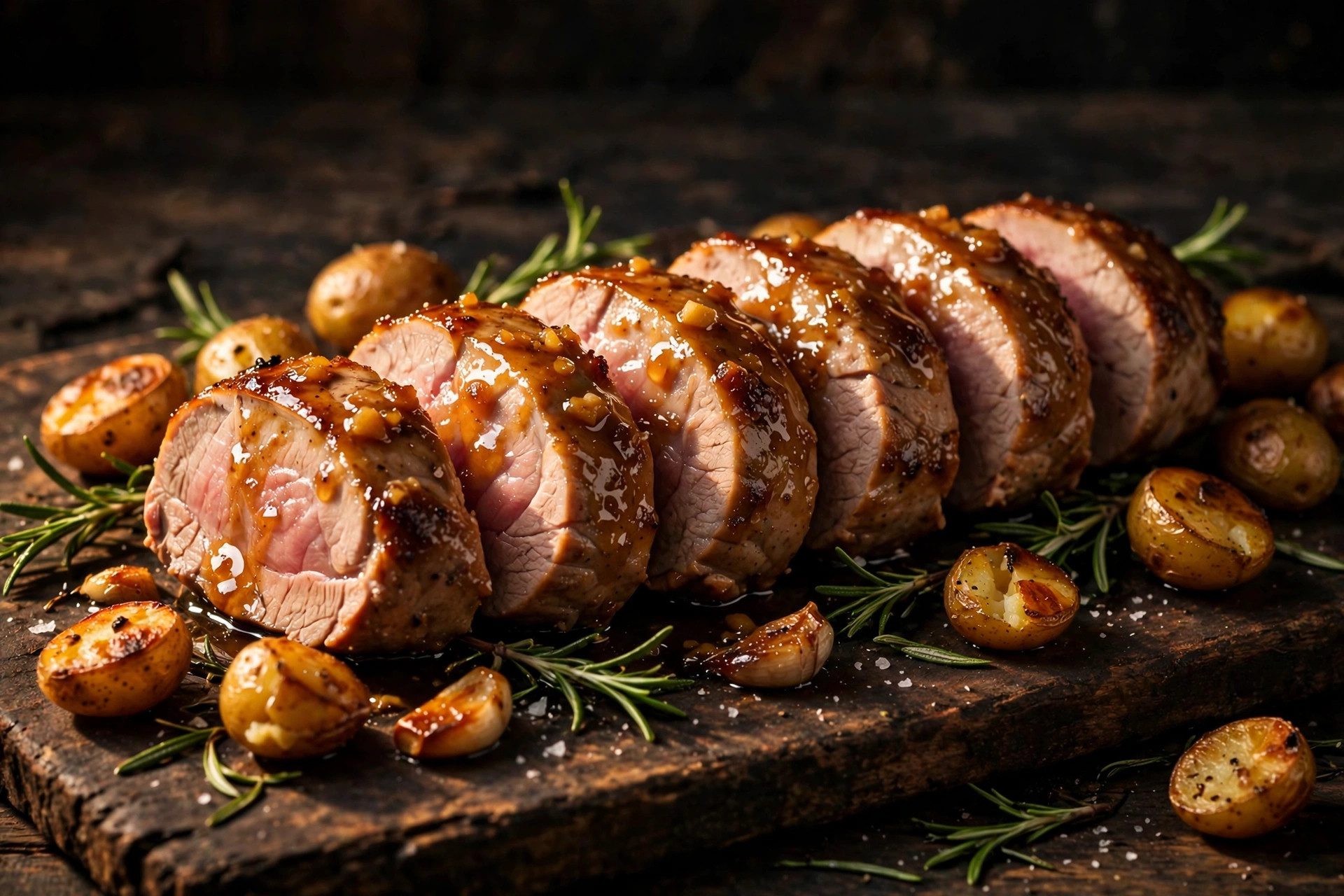 Juicy sliced pork tenderloin medallions glazed with honey-garlic sauce on a rustic board