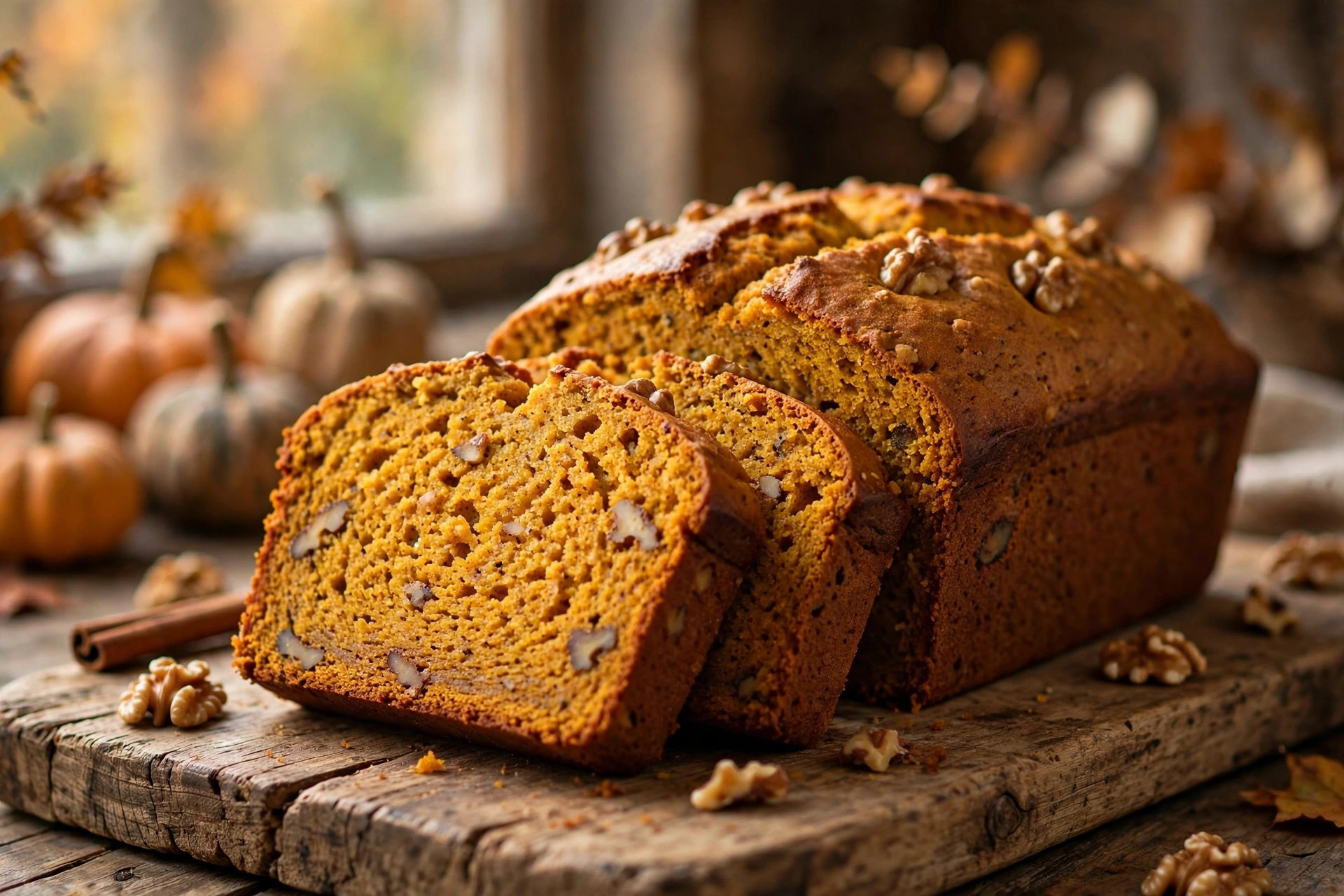 Moist pumpkin bread loaf with slices showing spiced crumb and walnuts