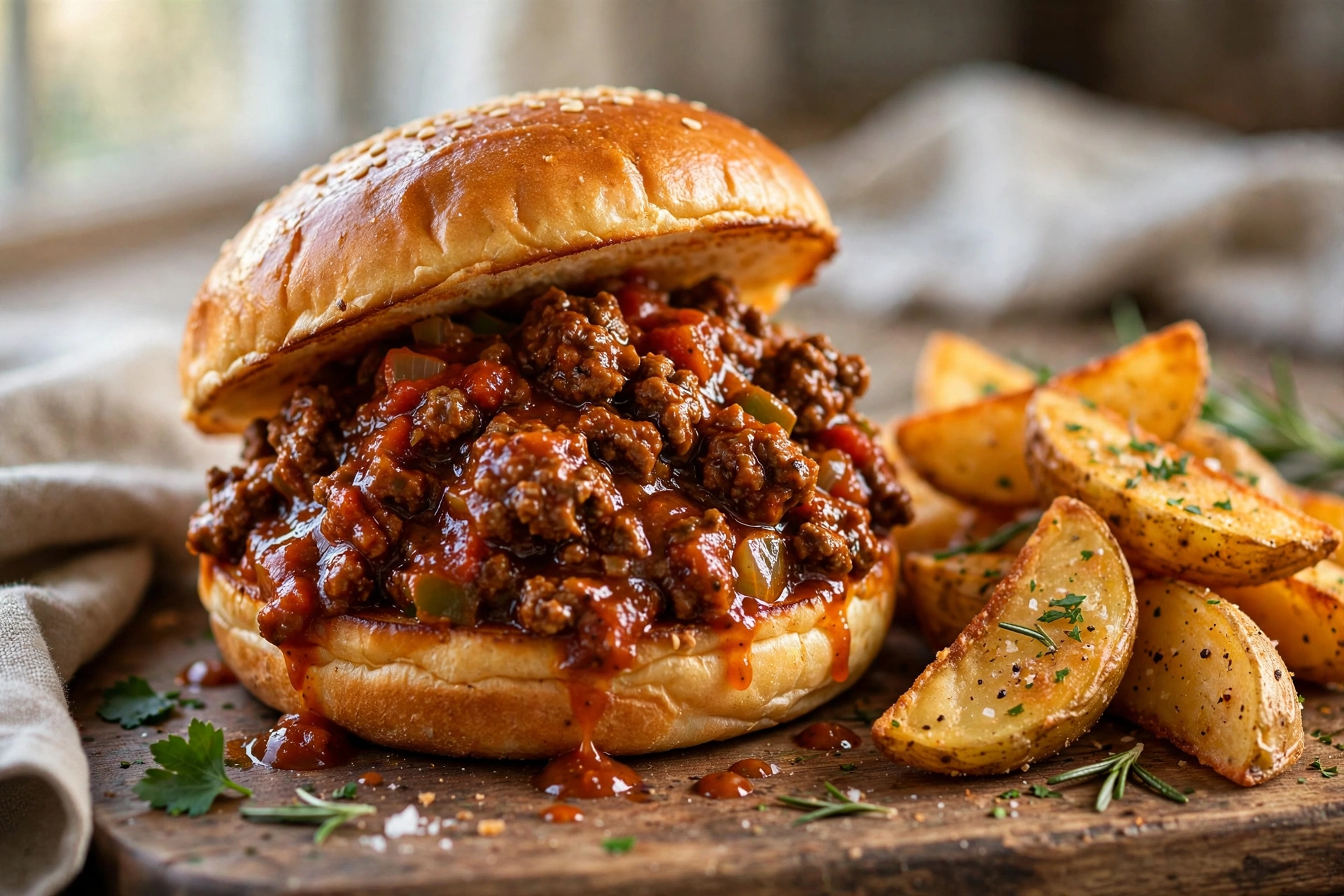 Homemade sloppy joe sandwich piled high on a toasted brioche bun