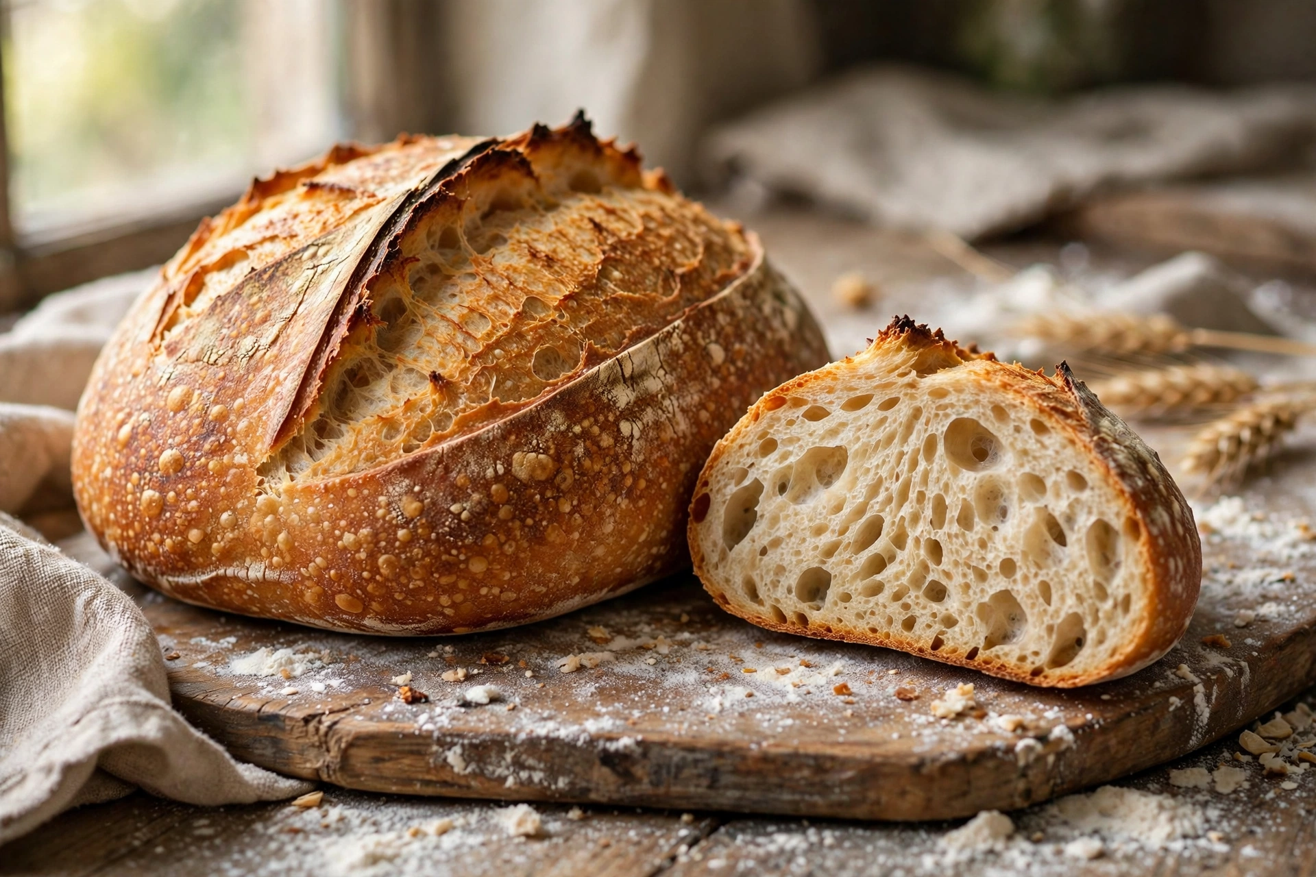 Crusty homemade sourdough bread loaf with a scored top